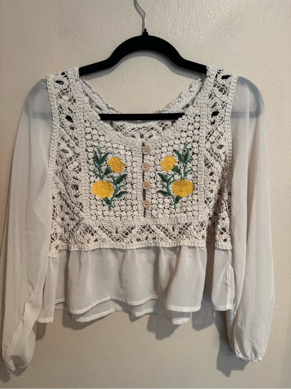 Boho Crochet Lace Peasant Top with Yellow Floral Embroidery, Cropped Ruffle Hem